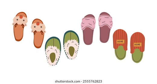 Cozy domestic slippers. Home soft and comfy footwear, fluffy slippers, flip flops and male and female textile house shoes flat vector illustration set. Indoor footwear collection isolate on white .