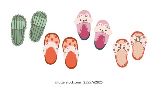 Cozy domestic slippers. Home soft and comfy footwear, fluffy slippers, flip flops and male and female textile house shoes flat vector illustration set. Indoor footwear collection isolate on white .