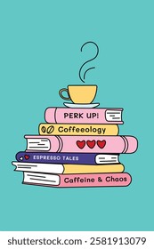 Cozy doodle book stacks with coffee cup, hand-drawn books and coffee vector illustration in doodle style