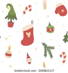 Cozy doodle christmas pattern. Seamless texture for textile, fabric, apparel, wrapping, paper, stationery.