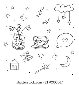 Cozy doodle set. Lovely pictures. Doodle style. Line art. Image for print, stickers. Black and white vector image isolated on white background.