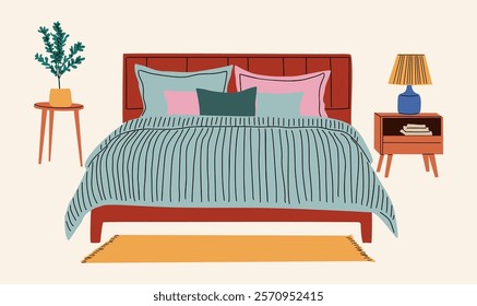 Cozy double bed in modern home bedroom interior. Comfortable pillows, cushions, duvet, blanket, lamp, book on nightstand, rug, potted plant. Flat vector illustration isolated on white background