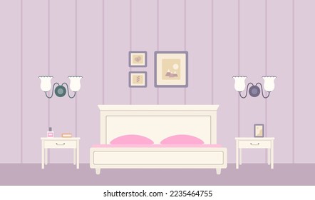 Cozy double bed and two bedside tables in Provence style. Home interior concept. Cartoon flat style. Vector illustration