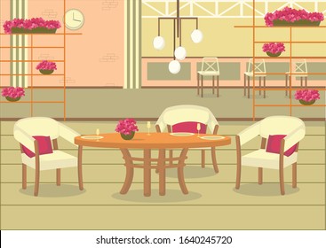 Cozy Downtown Restaurant Decorated with Pink Cyclamen. White Decorative Elements Like Clock on Brick Wall, Chandelier, Armchairs and Stools in Bar to Have Aperitif before Meal in Elegant Surroundings.