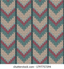 Gemütliche Pfeil-Linien nach unten Strickten Textur geometrische nahtlose Muster. Rug Strickbekleidung Stoffdruck. Skandinavisches Strickmuster im nahtlosen Stil. Stoffliche Leinwand-Illustration.