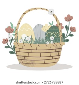 Cesta de Páscoa acolhedora com ovos decorados e flores da primavera Ilustração Vetor