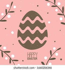 Cozy Easter card. Colored vector egg with waves ornament on a pink shabby floral background. Handwritten text. Can be used for festive decoration. Vector shabby hand drawn illustration