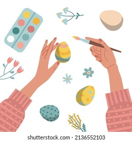 Cozy Easter scene - woman preparing for Easter. female hands are painting eggs. Vector flat hand drawn illustration