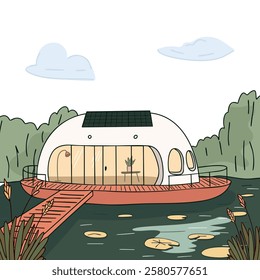 Cozy eco-friendly floating house with solar panels on a lake. Sustainable living in nature.