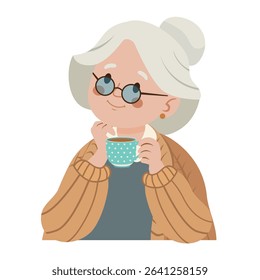 Cozy Elderly Woman with Glasses Enjoying a Warm Cup of Tea in a Comfortable Cardigan for Heartwarming Stock Illustration