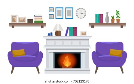 Cozy elegant interior with a fireplace, two armchairs, and various decorations. Flat vector graphic design template