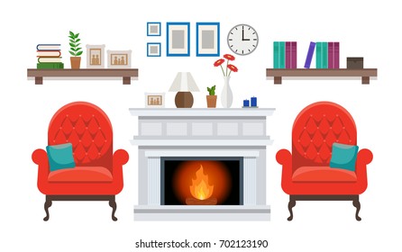 Cozy elegant interior with a fireplace, two armchairs, and various decorations. Flat vector graphic design template