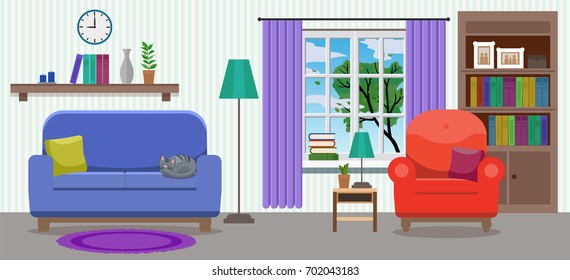 Cozy elegant light interior of living room with an armchair, a sofa, green tree in the window, various decorations and cat sleeping. Flat style, design template