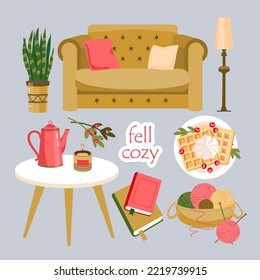 Cozy elements set - chair with cushion, floor lamp, table, potted flower, waffles, knitting . Hygge mood. Illustrated vector element.
