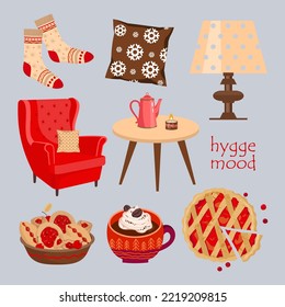 Cozy Elements Set - Chair With Pillow, Table, Coffee Pot, Latte Cup, Apple Pie, Knitted Socks. Hygge Mood. Illustrated Vector Element.