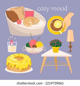 Cozy elements set - chair with pillow, sleeping cat, lemon pie, tea cup, knitting, lamp . Hygge mood. Illustrated vector element.