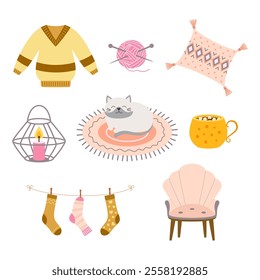 cozy elements set with sweater, lantern with candle, cat on rug, socks and armchair, vector scandinavian illustration, hygge comfortable lifestyle, winter and autumn mood