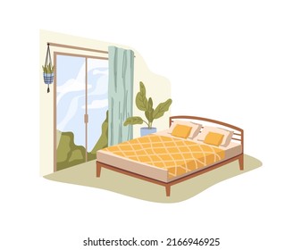 Cozy empty room with comfortable bed, blanket, pillows, window with curtains, house plant in pot. Vector illustration of home bedroom or hotel room interior design. Furniture in apartment