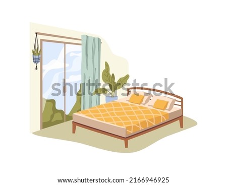 Cozy empty room with comfortable bed, blanket, pillows, window with curtains, house plant in pot. Vector illustration of home bedroom or hotel room interior design. Furniture in apartment