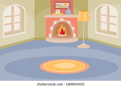 cozy empty room with fireplace and two large windows, in the middle of the room lies a round carpet, vector illustration
