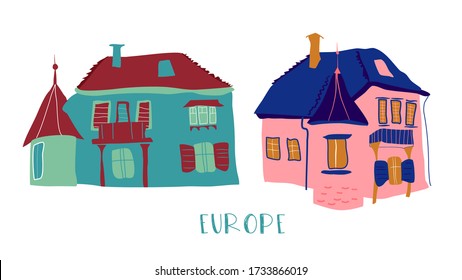 Cozy European houses flat cartoon vector illustration. Hand drawn greeting card. Colorful old traditional historical house on white background