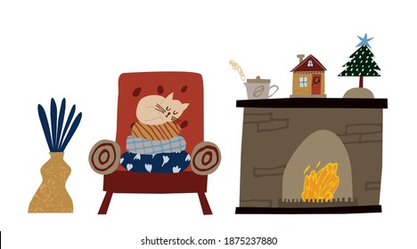 Cozy evening concept. Hand drawn interior elements isolated on white background. Winter vacations. Cat, chair, plant, fireplace, coffee pot, house and pine tree decorations. Trendy vector illustration