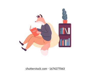 Cozy evening, at home with a book in hand. The animal character, in a comfortable position, enjoys reading his favorite book. Vector illustration design concept.