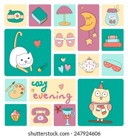 Cozy evening icons. Illustrations with cute elements. Vintage card. Nice style for your design.