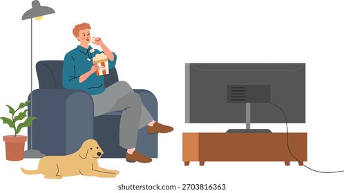 Homem de Noite Acolhedor e Cão Desfrutando de TV Time com Popcorn
