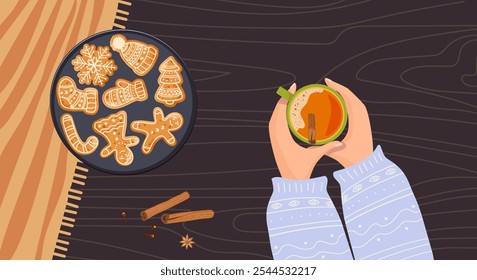 Cozy Evening. Person Hands holding hot spicy drink. Wooden table with cookies and spicy aromatic holiday seasonal beverage. Flat lay, top view illustration for mood poster, postcard, flyer template