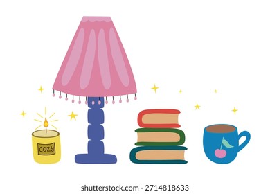 Eine gemütliche Abendlektüre: ein Stapel Bücher, ein Becher Kaffee, eine beleuchtete Kerze und eine Tischlampe. Handgezeichnete Vektorgrafik.