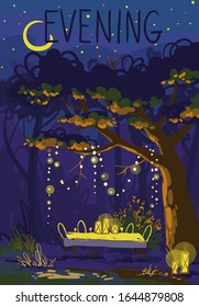 cozy evening in a summer garden, dinner outside illustration  