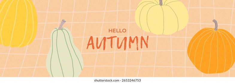 Cozy fall banner with minimal squash pumpkins. Autumn design for seasonal offers, invitations, or printable posters