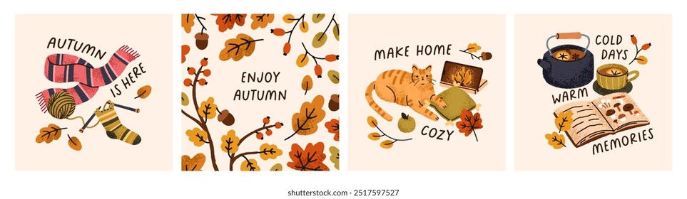 Cozy fall card designs set. Autumn mood, hygge time, square postcards with cat at comfort home, knitting scarf, leaf, tea cup and book, phrases. Seasonal pleasures, vibes. Flat vector illustration