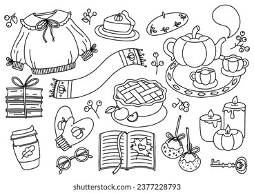 Cozy fall clip art set in line art style.  Cute and warm autumn design. Black and white vector illustration.