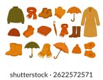 Cozy fall clothes and accessories for cold weather like jackets, boots, hats and scarves.