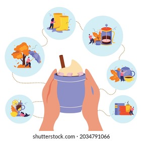 Cozy fall concept with hot drink symbols flat vector illustration