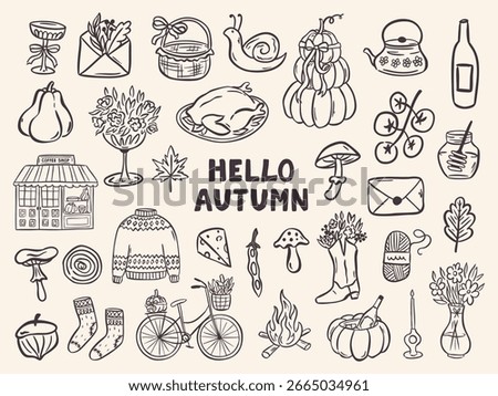 Cozy fall doodle clipart with pumpkins, hot drinks, candles, sweaters, and leaves. Hand-drawn vector set in a cute, whimsical style for seasonal designs and Thanksgiving themes