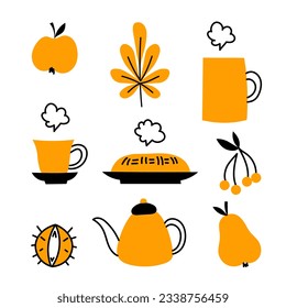 Cozy fall elements set. Doodle style collection for autumn design. Hot tea, pie, pear, apple, kettle, chestnut. Vector illustration on white background
