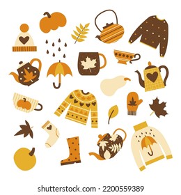 Cozy fall flat vector illustration set. Autumn hugge concept. Halloween and thanksgiving elements and symbols collection.