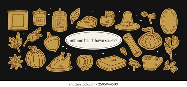 Cozy fall graphic set. Includes hand drawn line doodle art drawings of pumpkins, turkey, pie, candle. Vintage autumn clipart ink stickers in retro style. Thanksgiving Day concept.