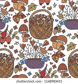 Cozy fall hand drawn vector seamless pattern. Autumn doodle detailed illustration with flower and mushroom baskets.