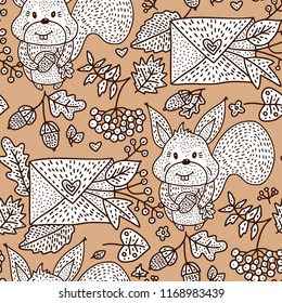 Cozy fall hand drawn vector seamless pattern. Autumn outline doodle detailed illustration.