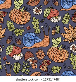 Cozy fall hand drawn vector seamless pattern. Autumn doodle detailed illustration with cute little snail, pumkin and mushrooms.