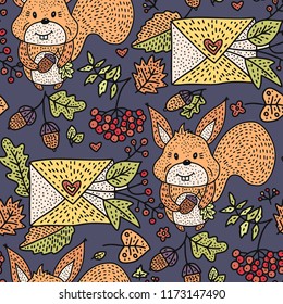 Cozy fall hand drawn vector seamless pattern. Autumn doodle detailed illustration.