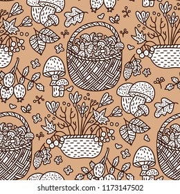 Cozy fall hand drawn vector seamless pattern. Autumn outline doodle detailed illustration with flower and mushroom baskets.