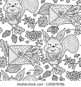 Cozy fall hand drawn vector seamless pattern. Autumn doodle detailed illustration.