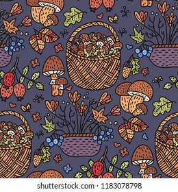 Cozy fall hand drawn vector seamless pattern. Autumn color doodle detailed illustration with flower and mushroom baskets.