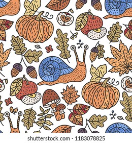 Cozy fall hand drawn vector seamless pattern. Autumn doodle detailed illustration with cute little snail, pumkin and mushrooms.