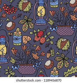 Cozy fall hand drawn vector seamless pattern. Autumn cosiness doodle detailed illustration with kerosene lamp, basket with flowers and candles.